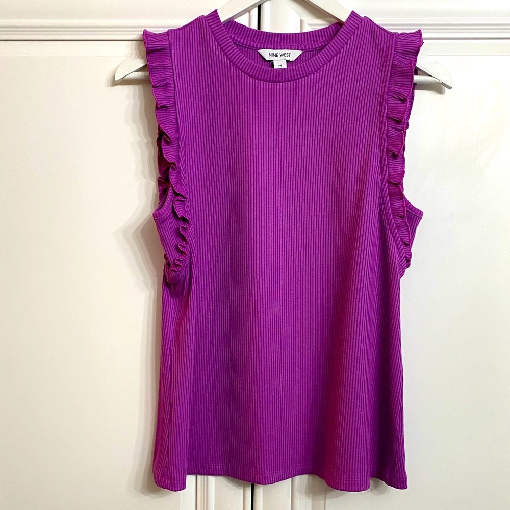 Nine West Sz Medium Purple Ribbed Heavy Knit Ruffled Tank Top Shirt